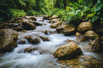 Obraz premium The photograph depicts a flowing river meandering through a lush green forest