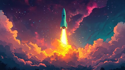 Fototapeta premium Colorful launch scene with lime green cartoon rocket and dreamy fire trail