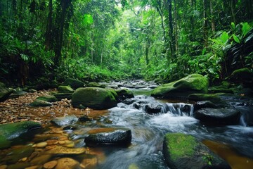 Obraz premium A flowing stream cascades through a lush green and vibrant rainforest