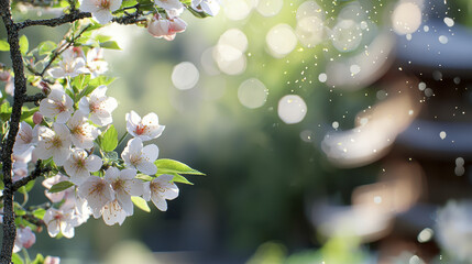 serene scene featuring delicate cherry blossoms in soft focus, creating tranquil atmosphere with gentle bokeh effects