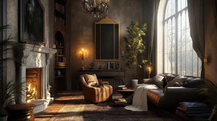 Ornate living room featuring fireplace sofa and gothic window