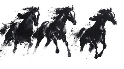 Elegant Black Horses in Traditional Chinese Ink Painting on White Background