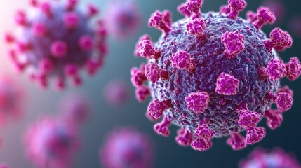 Close-up view of multiple viruses.  Highly magnified image of a virus, showing intricate details of its structure.  Virus particles appear in vibrant pink and purple
