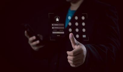 Online security protection concept. Businessman giving thumbs-up confirming secure login with...