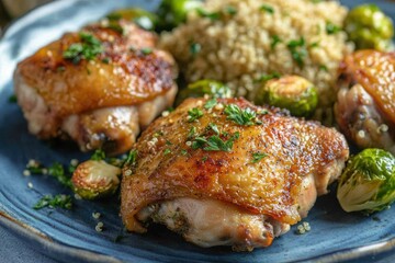 Oven-baked chicken thighs seasoned with herbs, served with roasted Brussels sprouts and a side of quinoa for a well-balanced and filling meal.