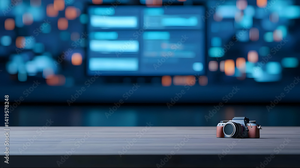 Poster technology device on wooden table in front of digital control panel