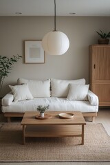 Minimalist, interior design of residential living room with white sofa and wood cabinet. Generative AI
