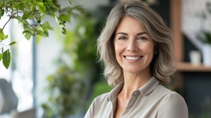 Fototapeta premium Smiling woman in a modern indoor plant setting