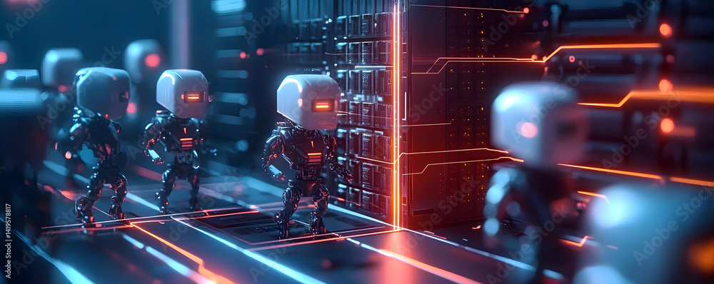 Poster a team of ai bots forming a protective barrier around a network server, with glowing digital lines i