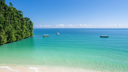Fototapeta premium Tropical Beach Panorama With Turquoise Water And Small Boats