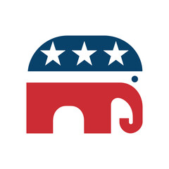 Republican Party Elephant Logo Featuring a Red and Blue Design with Three White Stars Representing U.S. Politics, Conservatism, Editable Vector Illustration isolated on a white background