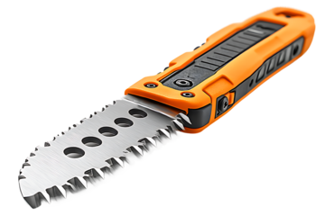 Silver Steel Serrated Blade Knife with Orange and Black Handle Isolated on Black