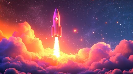 3D rocket with pink and violet color scheme rising from orange clouds and glowing stars