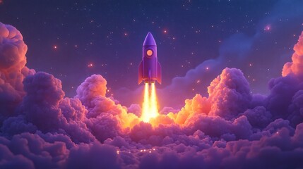 Fototapeta premium 3D rocket with pink and violet color scheme rising from orange clouds and glowing stars