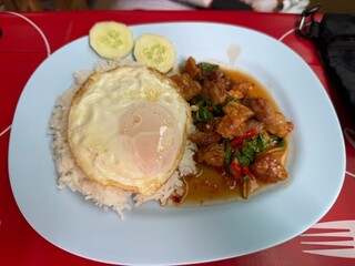 Crispy pork stir-fried with holy basil served over steamed rice and topped with a sunny-side-up egg. Garnished with cucumber slices on a blue plate – a spicy and flavorful Thai street food classic