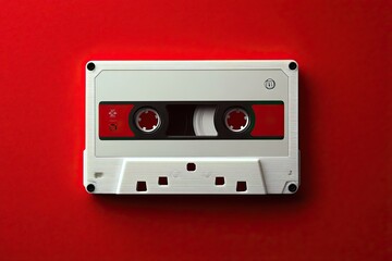Obraz premium White cassette tape on red textured background. AI generated image