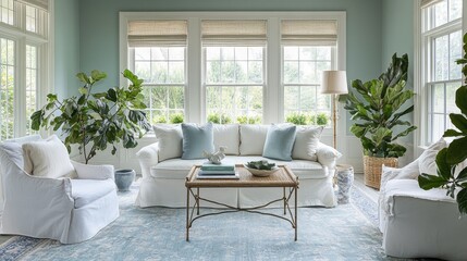 Obraz premium Bright sunroom showcases white slipcovered furniture and large potted plants