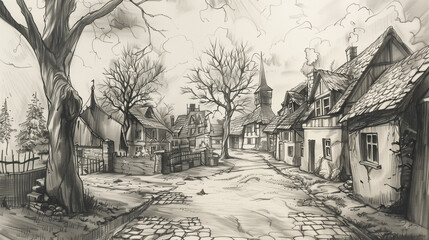 Peaceful Village Scene Pencil Sketch