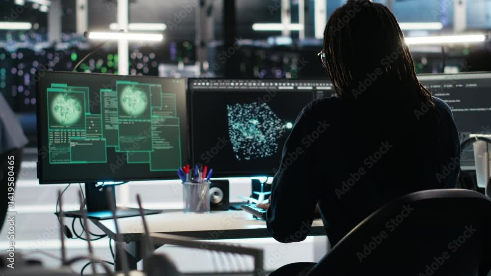 Poster cybersecurity team in data center responds to security breach, trying to prevent unauthorized access
