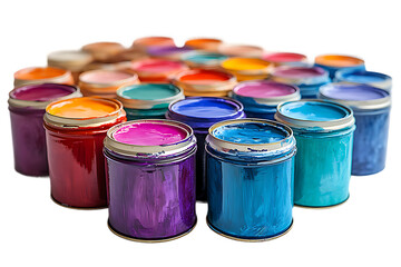 Rows of Bright Colorful Paint Cans, Assorted Hues, Vibrant Pigments, Black Background
