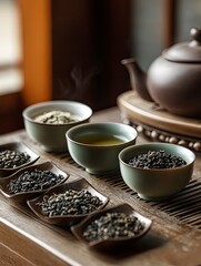 Tea Variety with Teapot and Cups on Wood Serving Tray