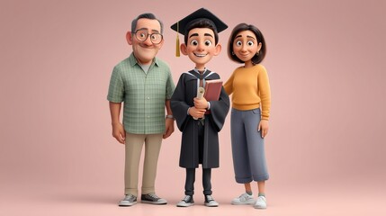 Fototapeta premium 3d cartoon character of Young indian male graduate with his parents on graduation day