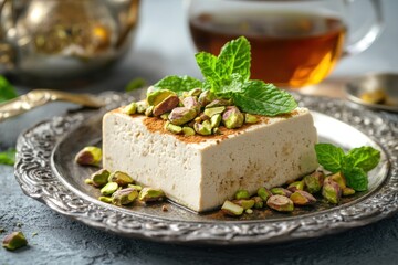 Delicious dessert with pistachios and mint arranged on a decorative plate