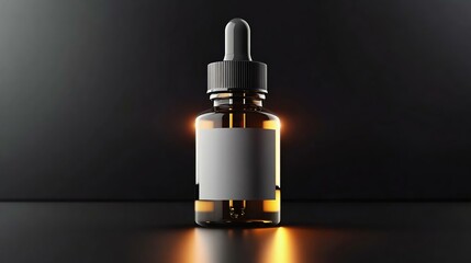 Clear dropper bottle with blank label, ideal for cosmetic or medicinal products, illuminated against a dark background for a modern look.