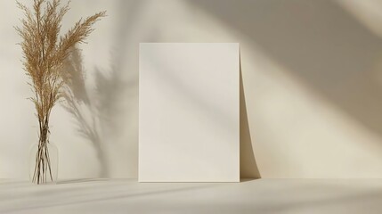 Minimalist interior scene featuring a blank canvas against a soft background, complemented by a vase of dried grass, perfect for design or art purposes.