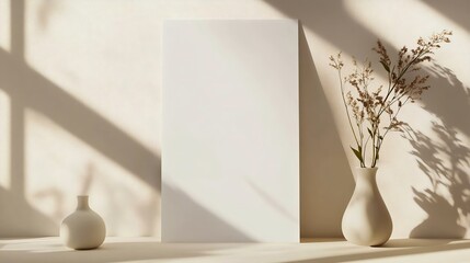 Minimalist decor with a blank canvas, elegant vases, and natural flowers creating a serene aesthetic in soft sunlight and shadow play.