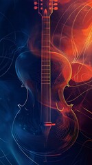 A vibrant abstract illustration of a violin, showcasing intricate linework and dynamic color blends of blue and orange hues.