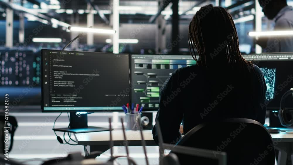 Poster stressed server hub admin worried by malfunctioning data analytics ai generator. anxious data center
