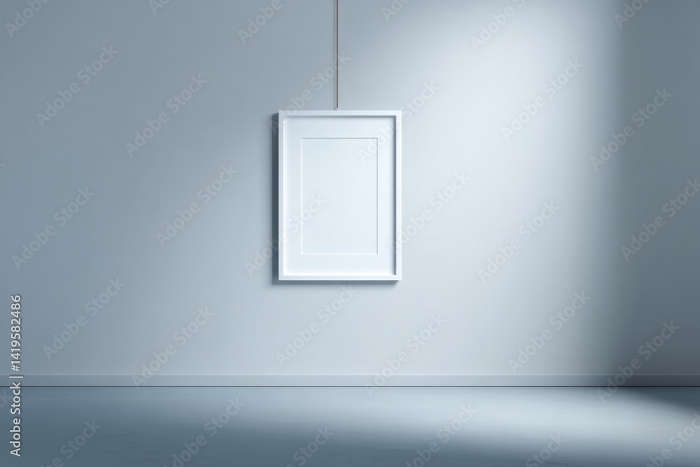 Poster empty picture frame hanging on plain monochrome wall in minimalistic room with soft lighting reflect