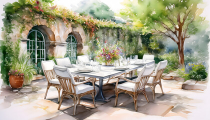 Obraz premium Watercolor painting of an elegant outdoor dining setup in a sun-drenched courtyard