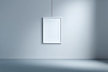 empty picture frame hanging on plain monochrome wall in minimalistic room with soft lighting reflecting clean lines