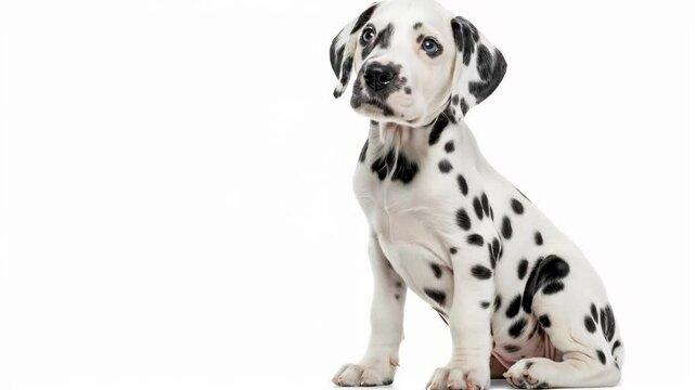 Charming dalmatian puppy sitting and gazing at the camera on a pristine white background
