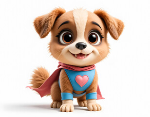 Obraz premium A funny cartoon superhero puppy with big, brown eyes and a joyful expression, wearing a pink cape and a heart.