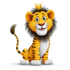 Cute Cartoon Lion Cub Wearing a Golden Crown on White Background