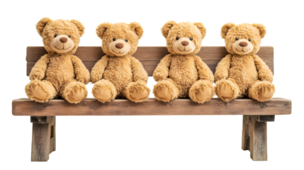 Three Teddy Bears Seated on Wooden Bench Isolated