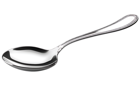 Ornate Silver Spoon on Black Backdrop with Detailed Handle & Reflective Surface