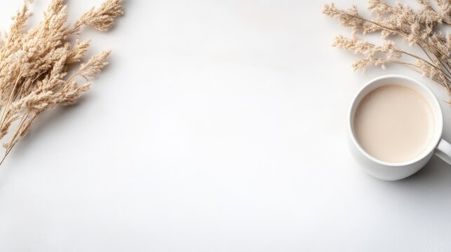 A white ceramic cup of coffee placed on a clean white surface with dried wheat stalks on the sides, and minimalist and elegant composition.