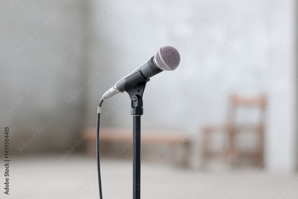 Poster lone microphone stands on empty stage with plain backdrop emphasizing simplicity and potential of pu