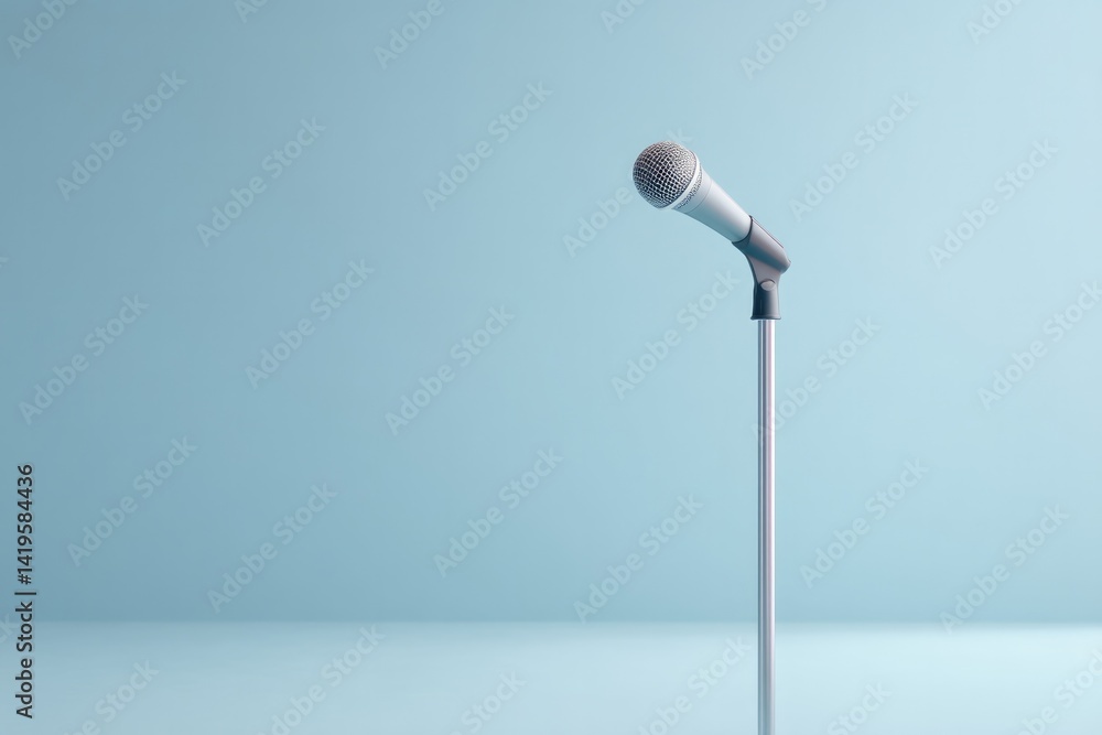 Poster lone microphone stands on empty stage with plain backdrop emphasizing simplicity and potential of pu