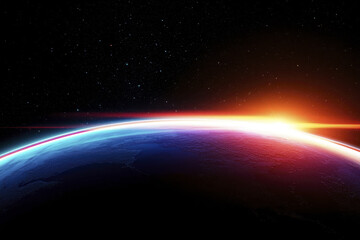 stunning view of planet horizon illuminated by vibrant sunrise, showcasing beauty of space and celestial phenomena