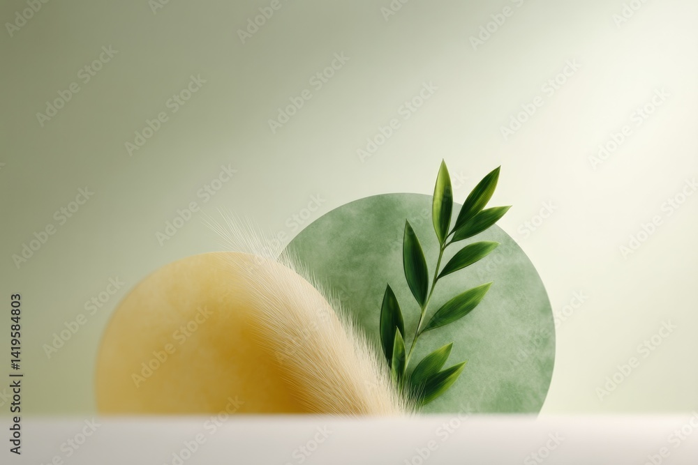 Poster serene composition blending biophilic elements and abstract design evoking sense of tranquility and 