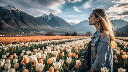 A Alone Woman Standing in Blooming Tulip Field at Sunset with Majestic Mountain View