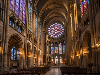 Obraz premium Inside Grand Cathedral with Stained Glass and Stone Arches