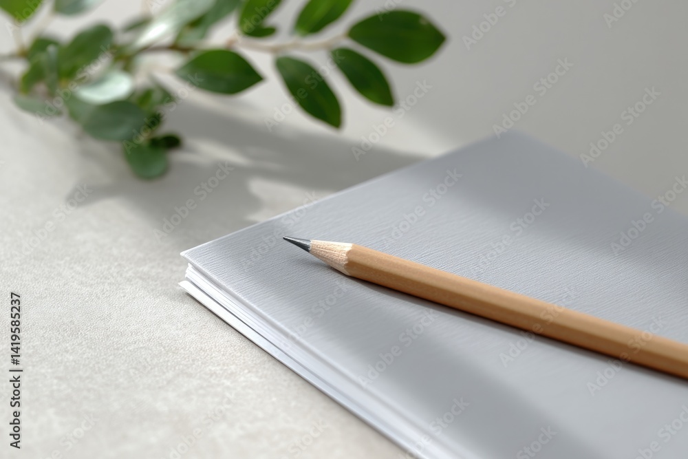 Poster top-down view of sketchbook with single pencil resting on table surrounded by ample copy space for t