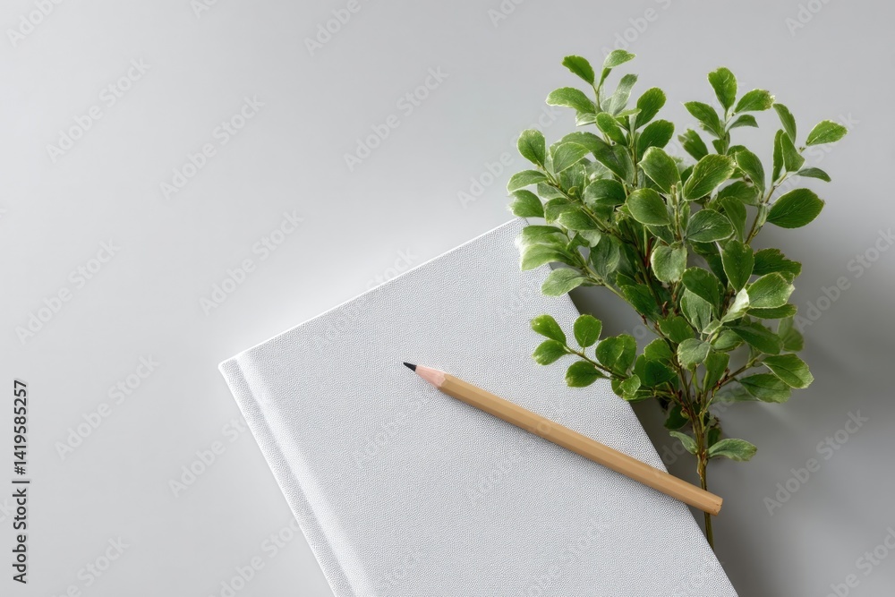 Poster top-down view of sketchbook with single pencil resting on table surrounded by ample copy space for t