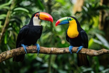 Fototapeta premium Two colorful toucans are perched on a brown tree branch